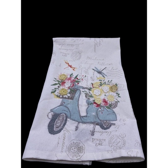Rachel Ashwell The Prairie Tea Towel Scooter Floral Flowers French Script 28x20 - Picture 2 of 8